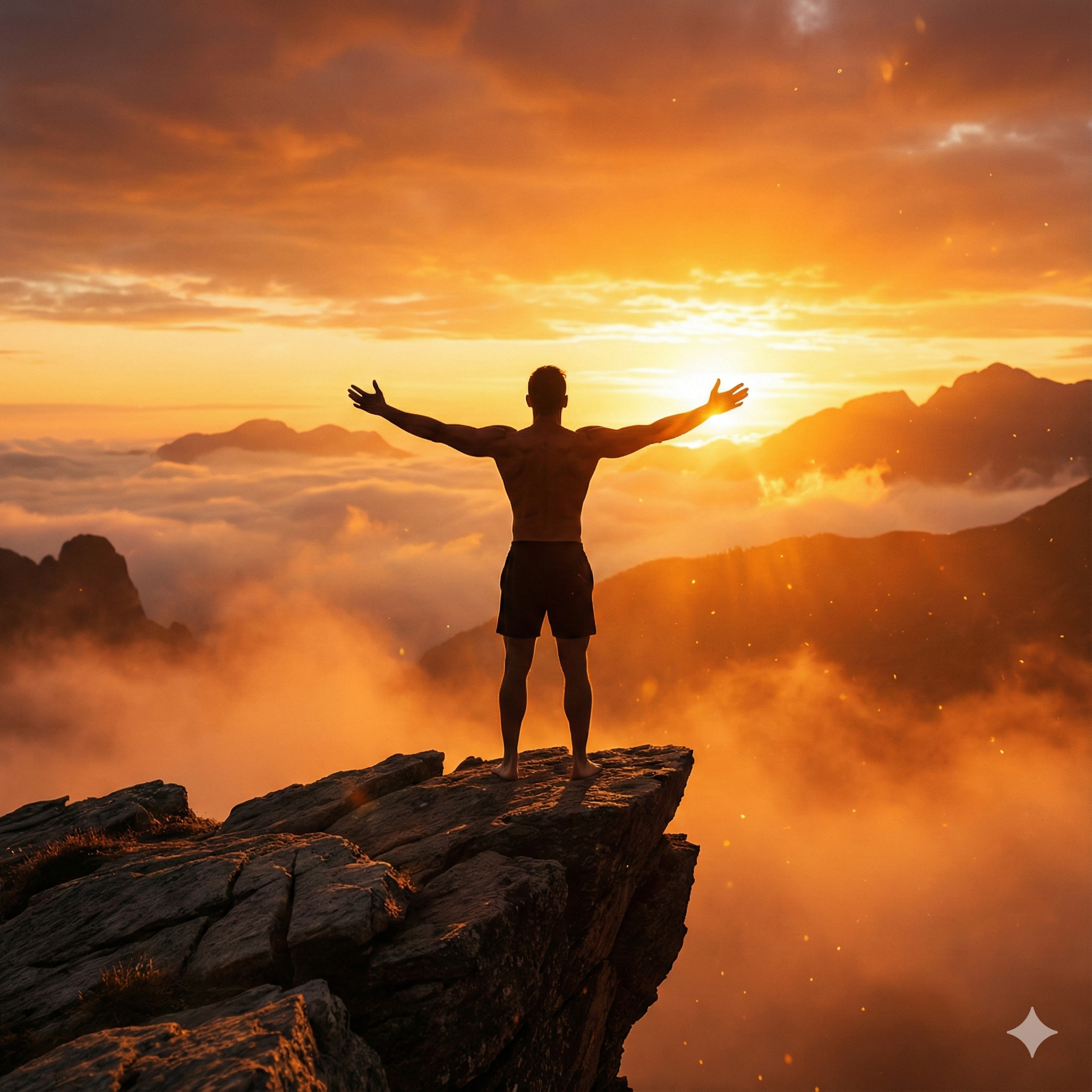 Homem vitorioso no nascer do sol